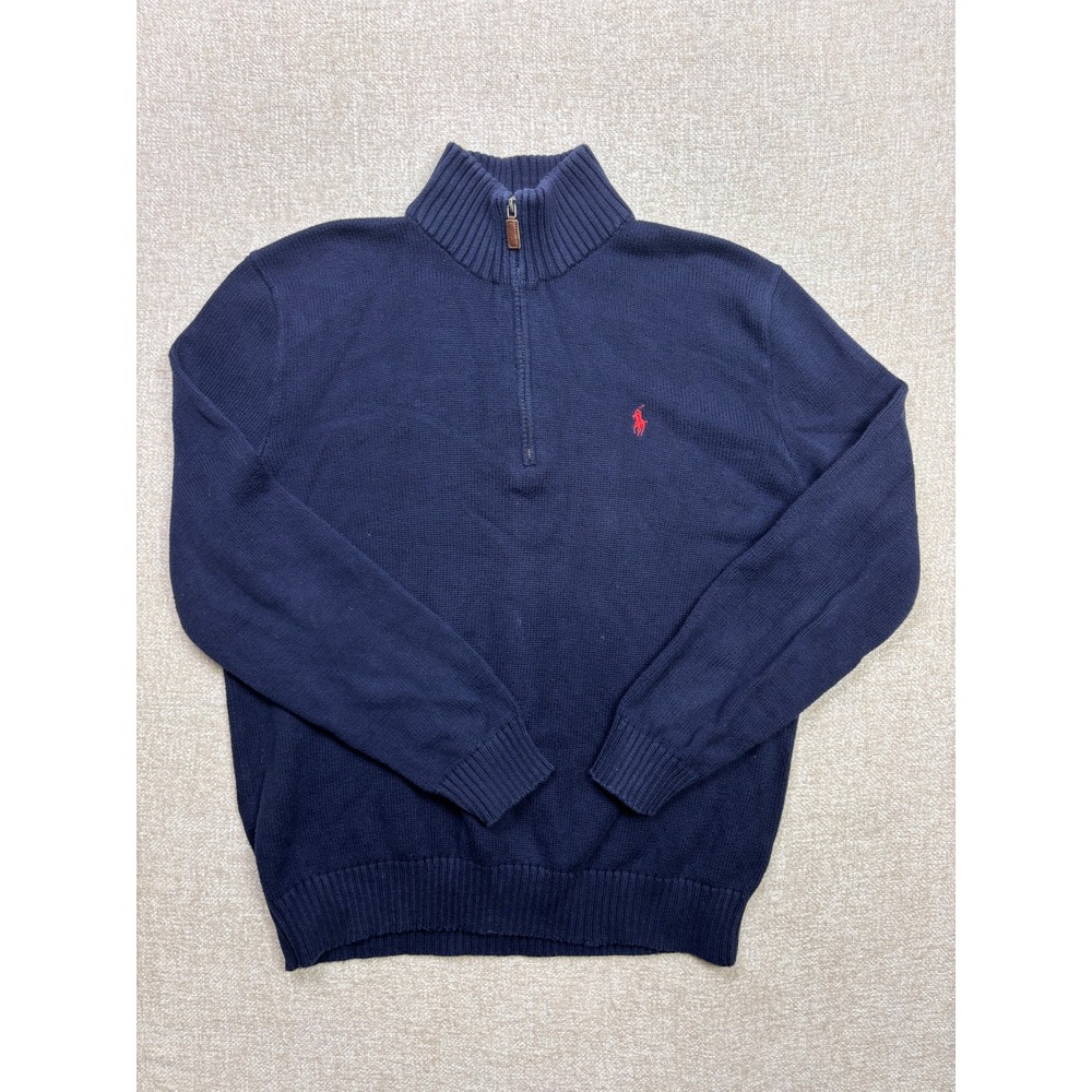 Polo Ralph Lauren Mens Navy Blue 100% Cotton Quarter Zip Sweater Large Logo